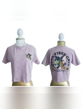 Tom and Jerry Graphic Print "Good Vibes Only" Short Sleeve Crop Tee Shirt
